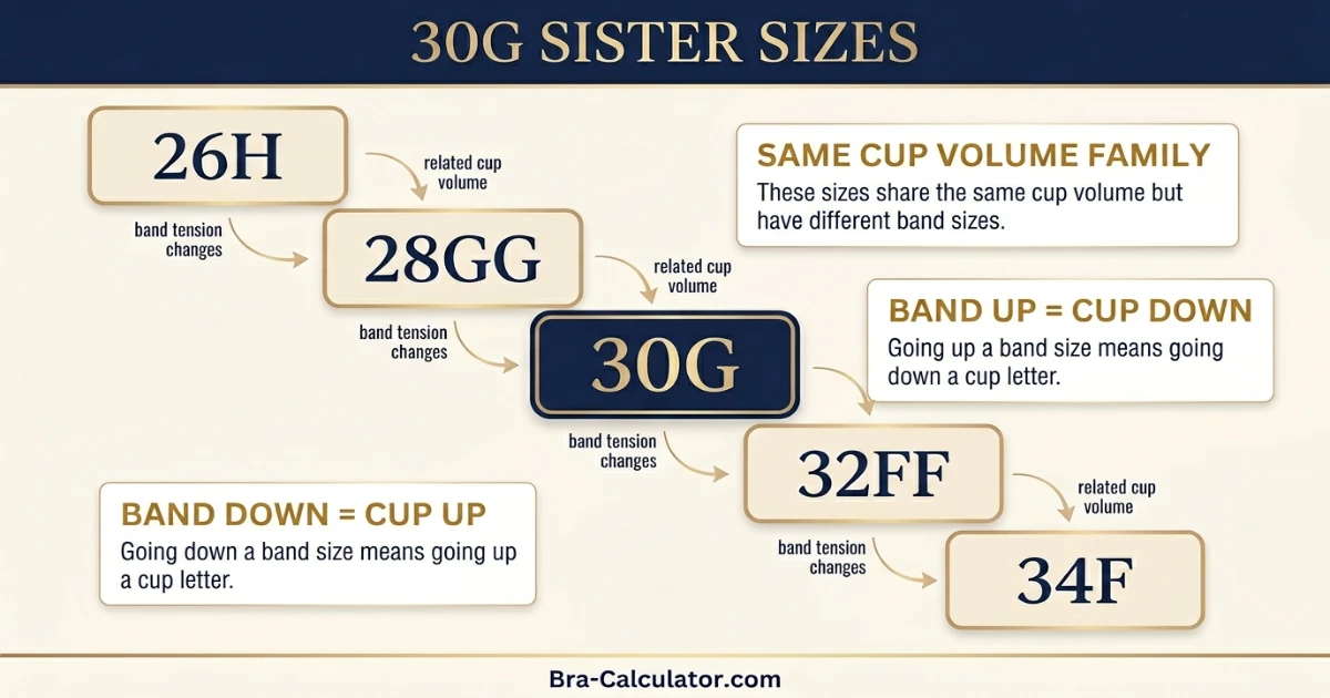 30G sister size ladder showing nearby equivalent bra sizes