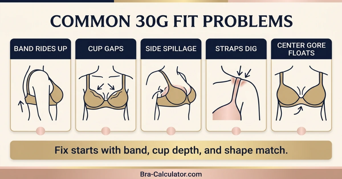 30G bra fit problems showing gaping spillage side tissue strap digging and band riding up
