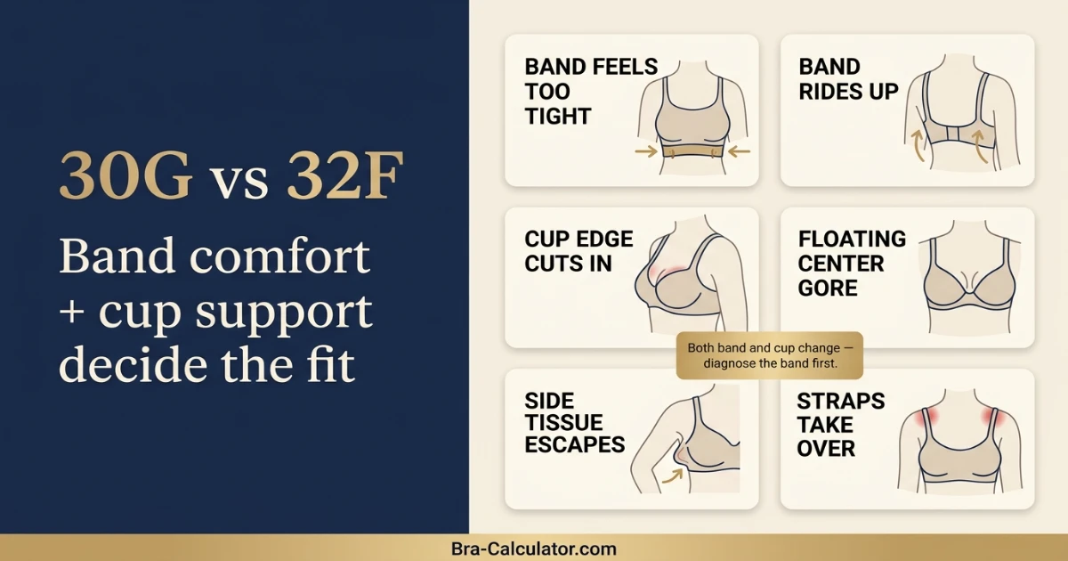 30G vs 32F fit problem diagram showing gaping spillage floating gore band riding up and side tissue issues
