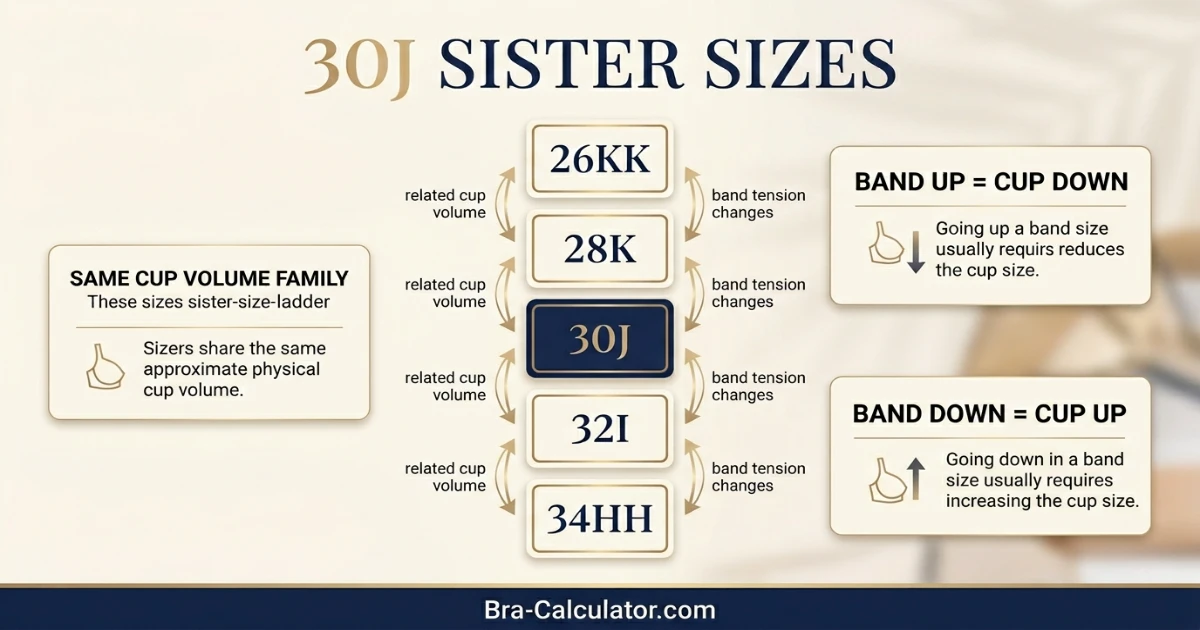 30J sister size ladder showing nearby equivalent bra sizes