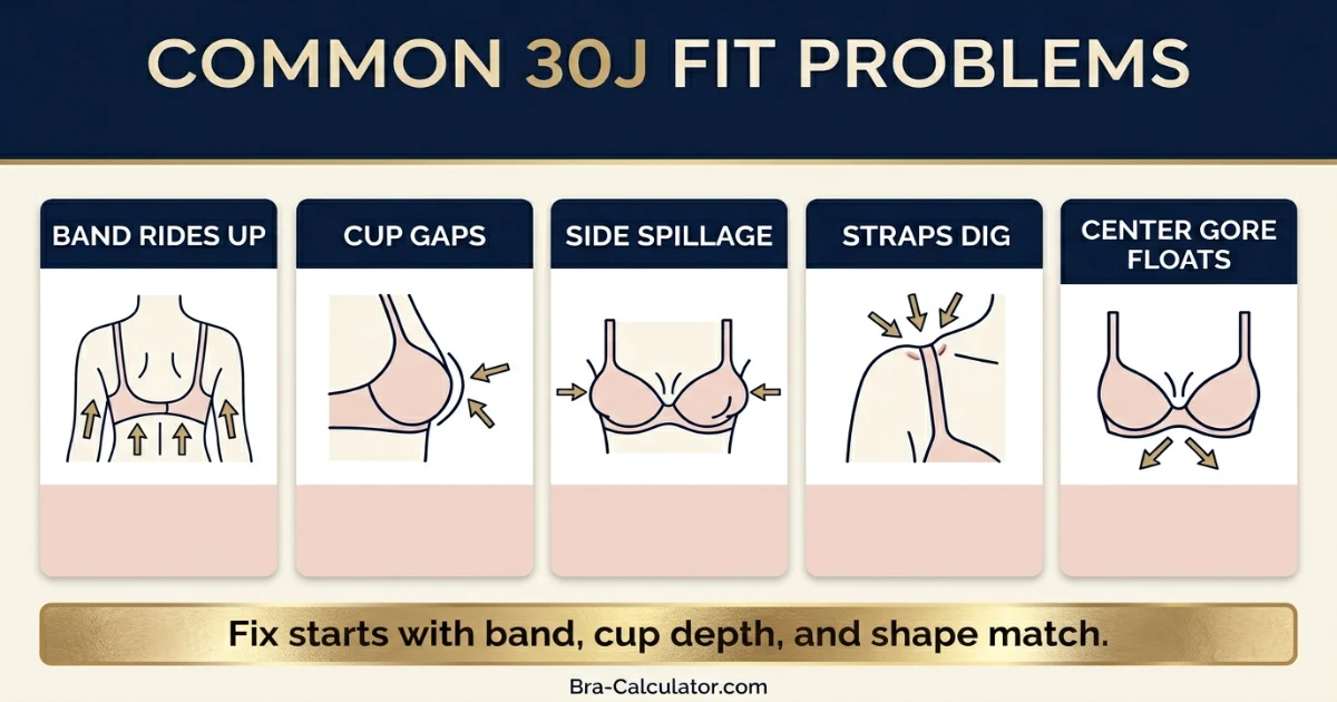 30J bra fit problems showing gaping spillage side tissue strap digging and band riding up