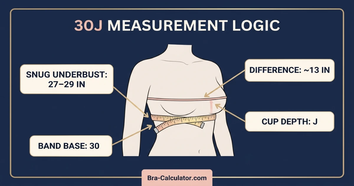 30J measurement logic with underbust full bust and cup difference explained