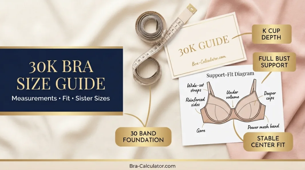 30K bra size guide hero graphic with measurement tape and navy gold branding