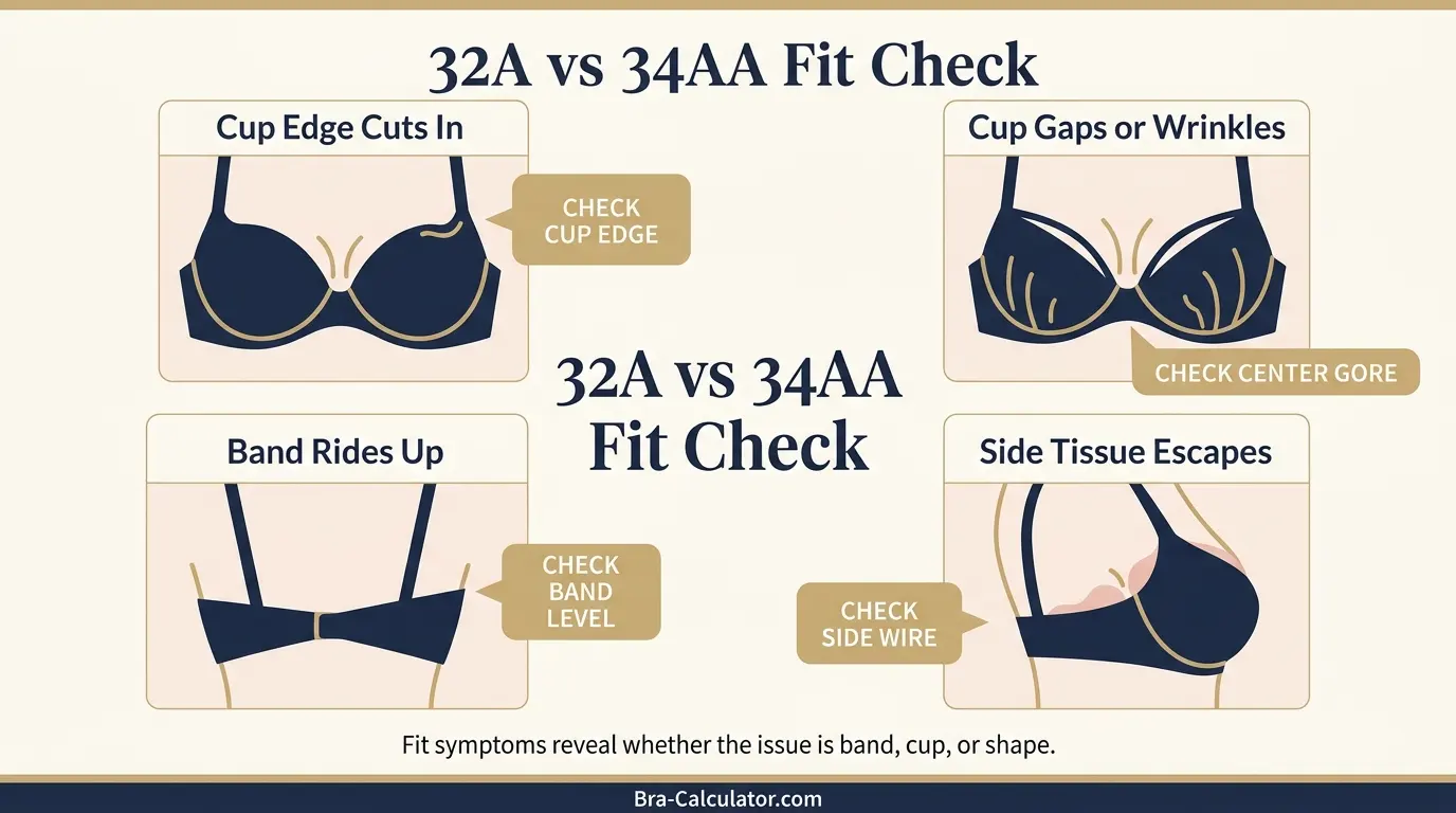 32A vs 34AA fit problem diagram showing gaping spillage floating gore band riding up and side tissue issues
