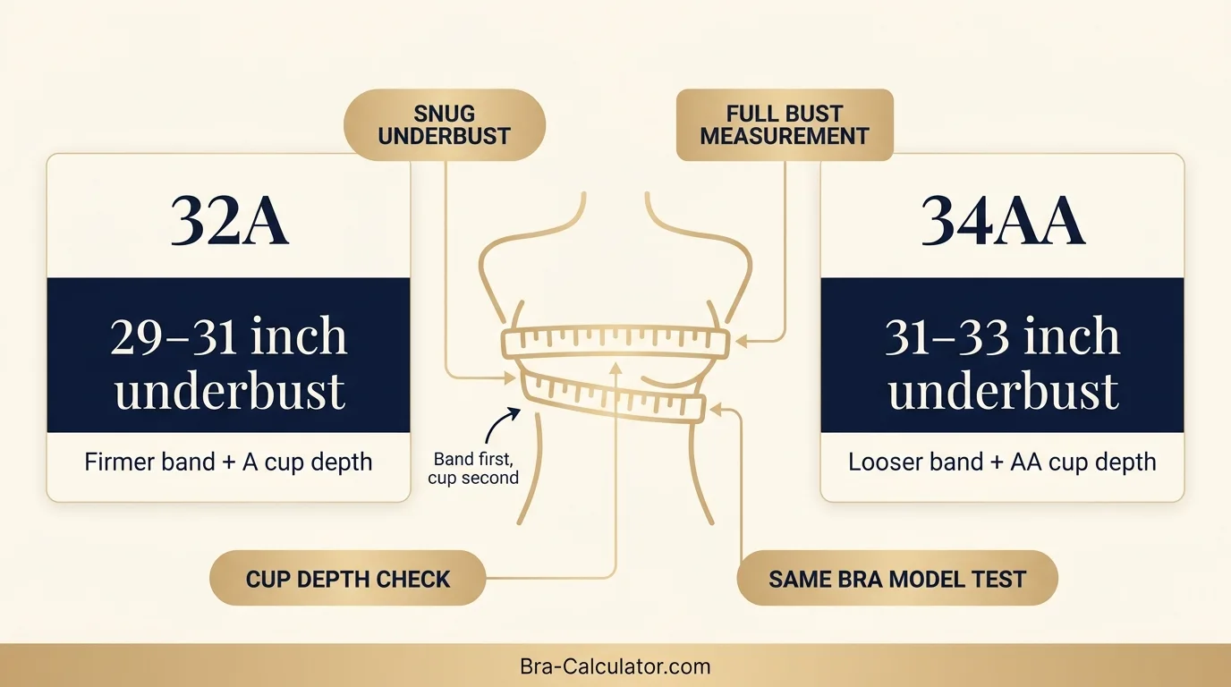 32A vs 34AA measurement logic diagram showing band starting point and cup-volume comparison