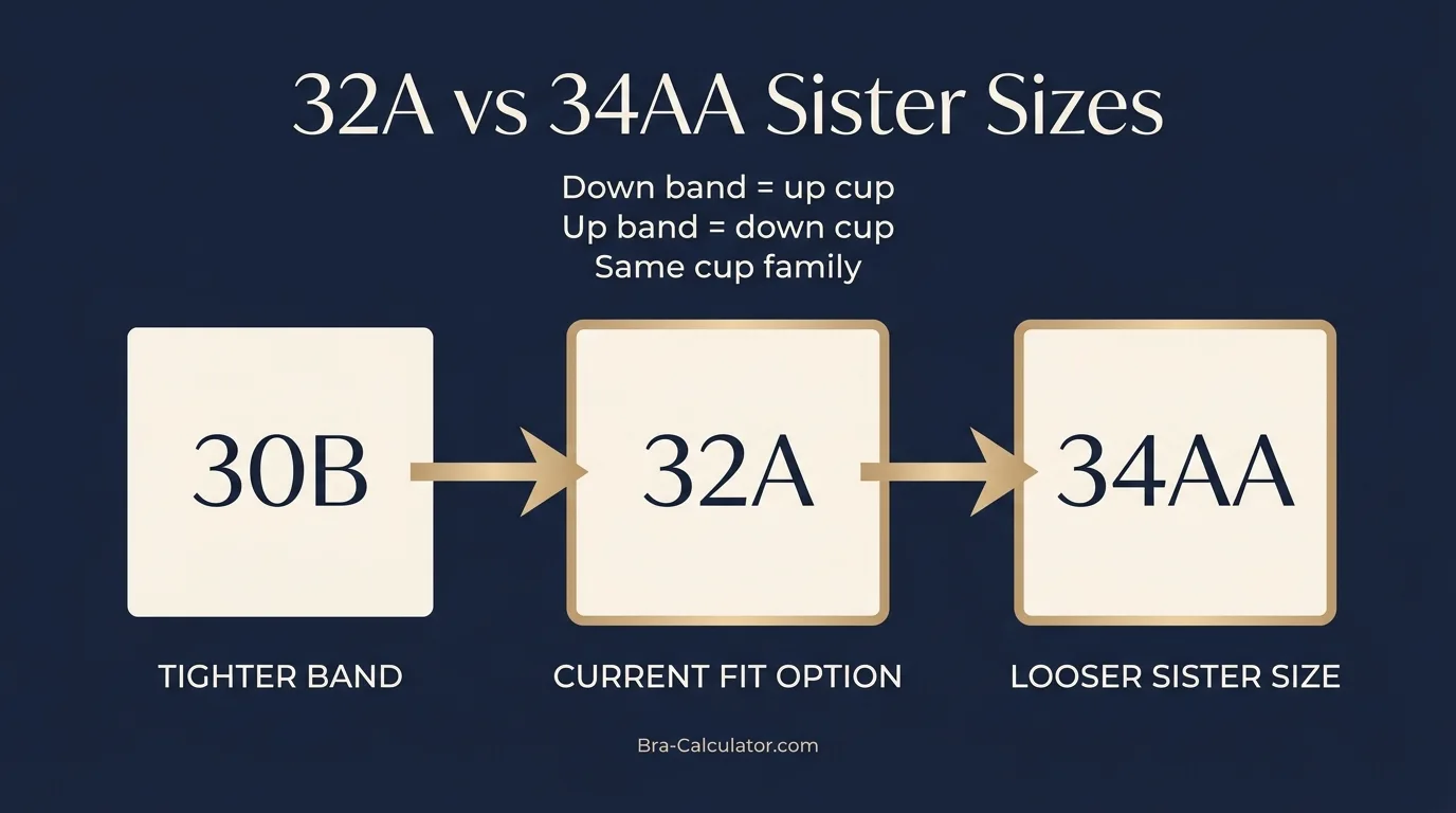 32A vs 34AA sister size guide showing tighter-band and looser-band alternatives