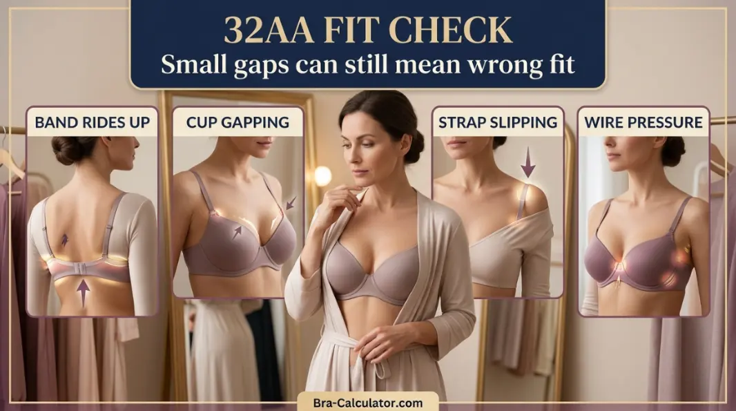 32AA bra fit problem diagram showing band, cup, strap, and gore checks