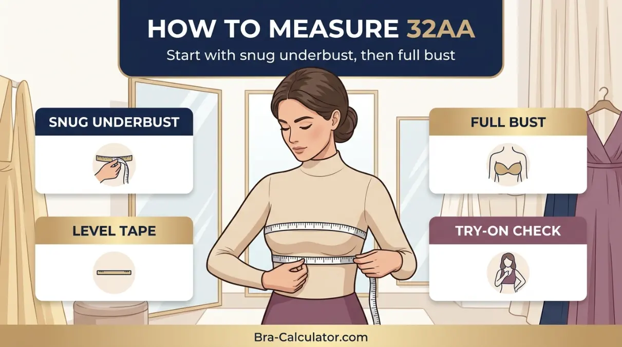 32AA bra measurement diagram showing 29–31 inch snug underbust and cup depth