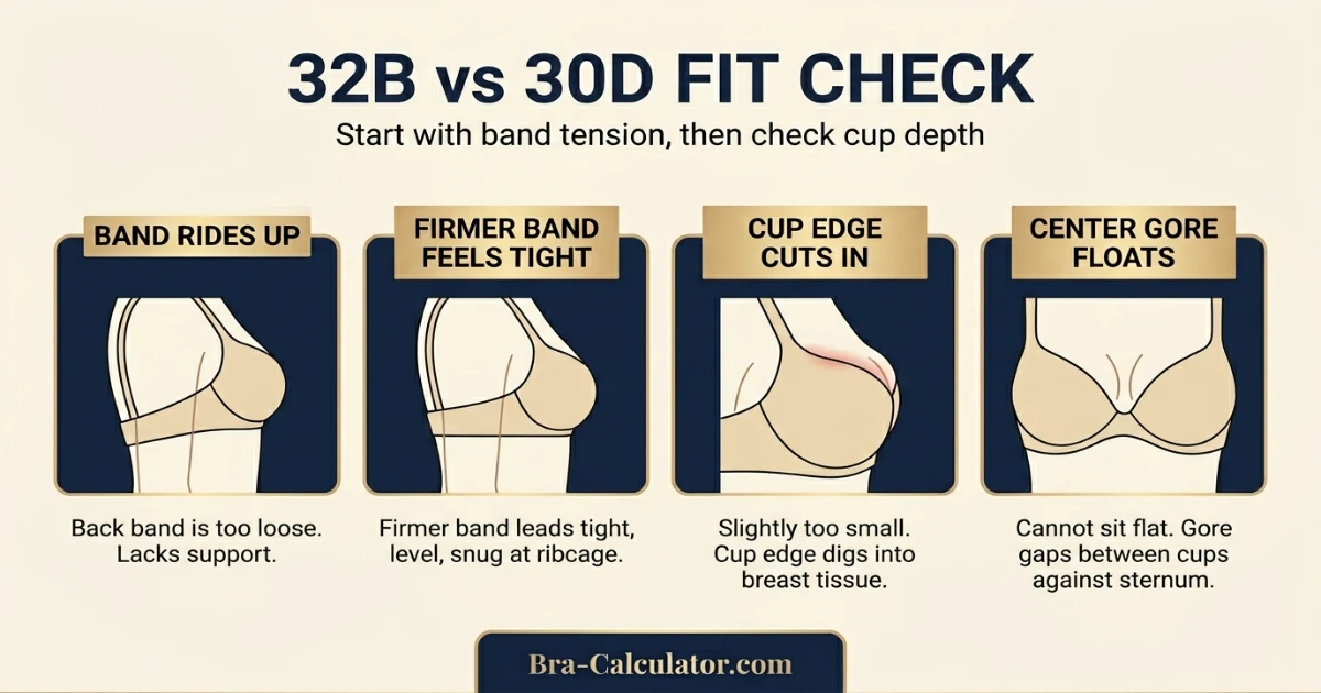 32B vs 30D fit problem diagram showing gaping spillage floating gore band riding up and side tissue issues