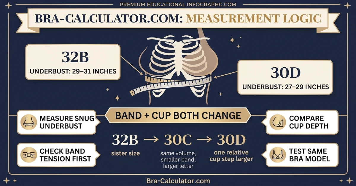 32B vs 30D measurement logic diagram showing band starting point and cup-volume comparison