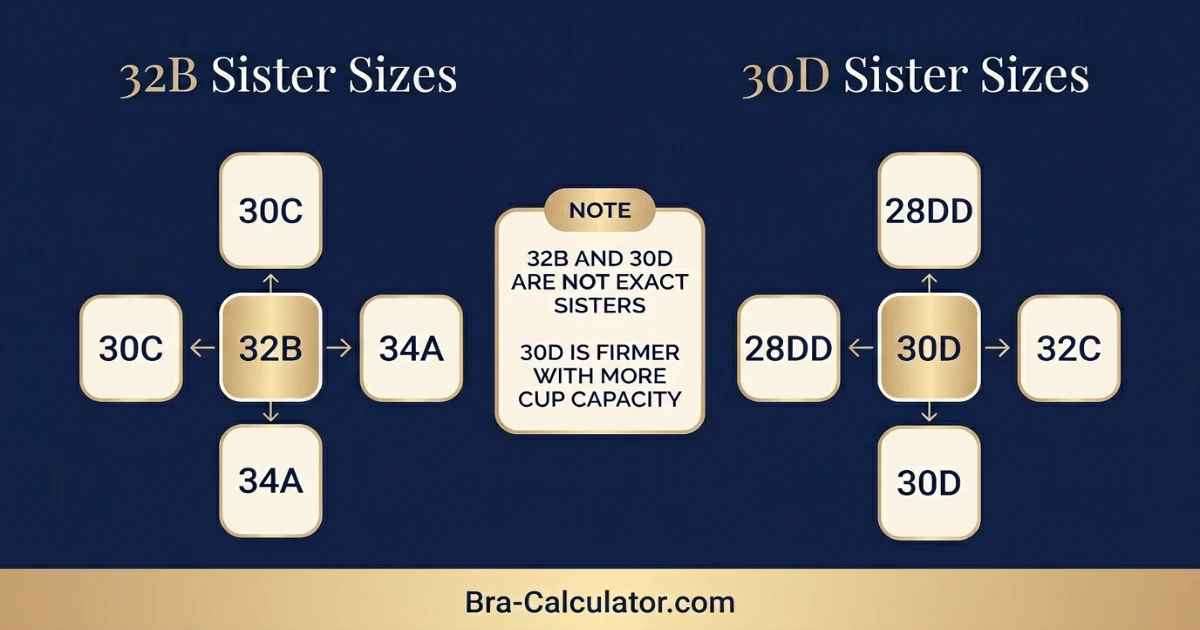 32B vs 30D sister size guide showing tighter-band and looser-band alternatives