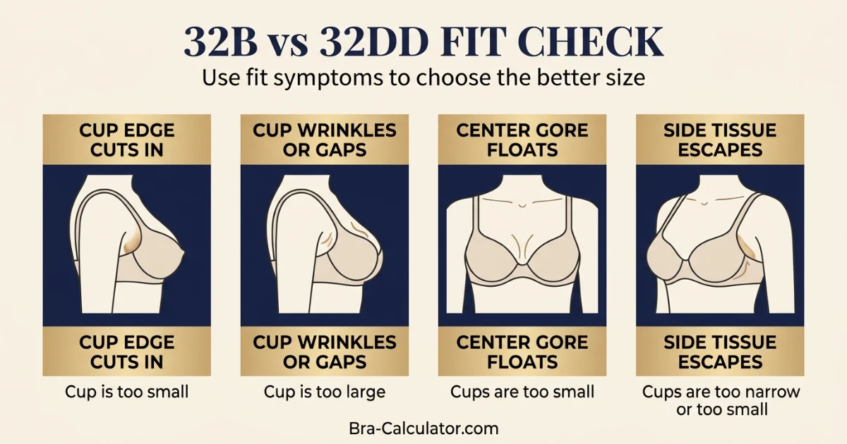 32B vs 32DD fit problem diagram showing gaping spillage floating gore band riding up and side tissue issues