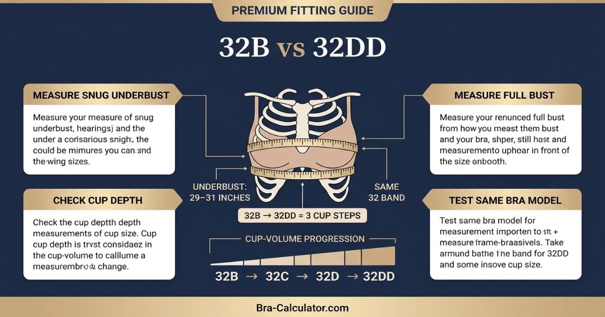 32B vs 32DD measurement logic diagram showing band starting point and cup-volume comparison