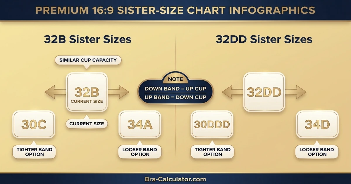 32B vs 32DD sister size guide showing tighter-band and looser-band alternatives