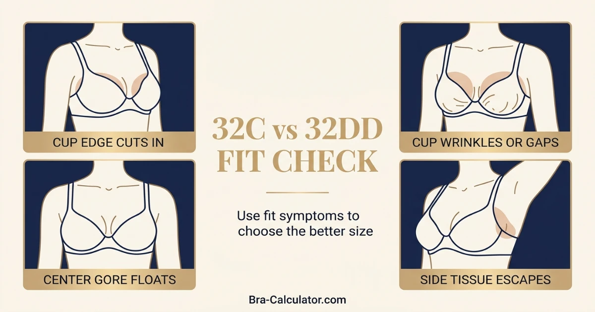 32C vs 32DD fit problem diagram showing gaping spillage floating gore band riding up and side tissue issues