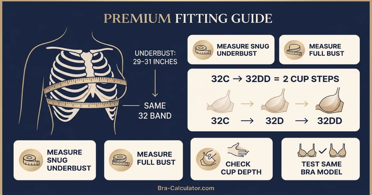 32C vs 32DD measurement logic diagram showing band starting point and cup-volume comparison