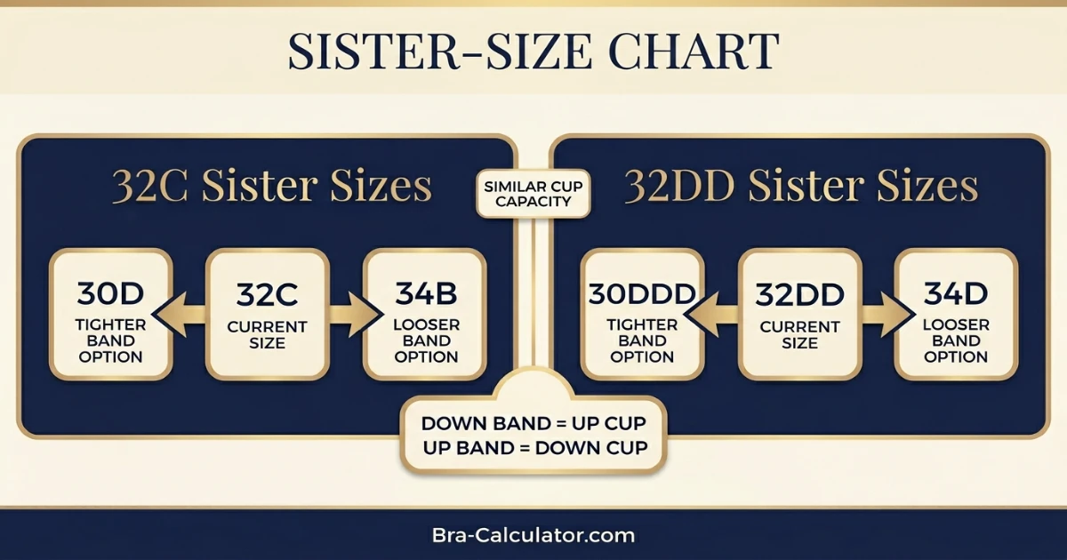 32C vs 32DD sister size guide showing tighter-band and looser-band alternatives