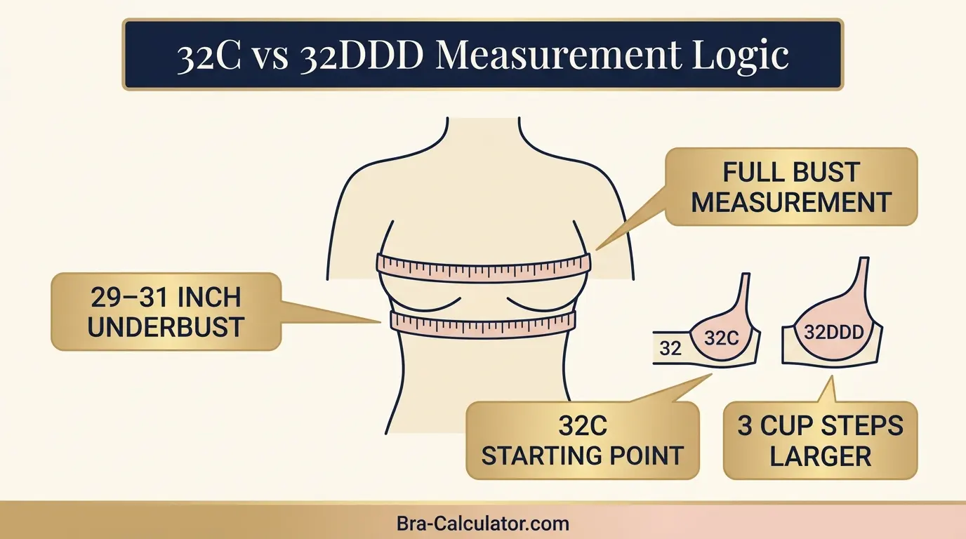 32C vs 32DDD measurement logic diagram showing band starting point and cup-volume comparison
