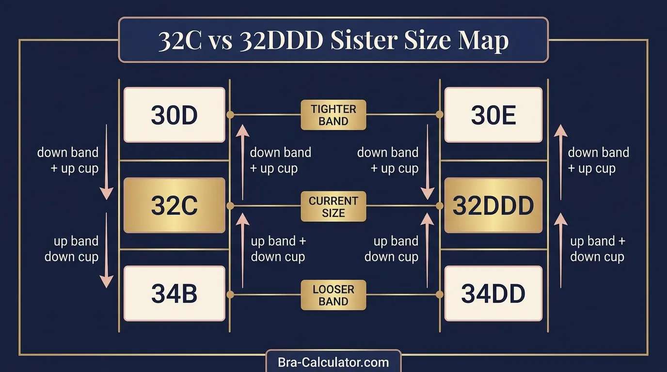32C vs 32DDD sister size guide showing tighter-band and looser-band alternatives