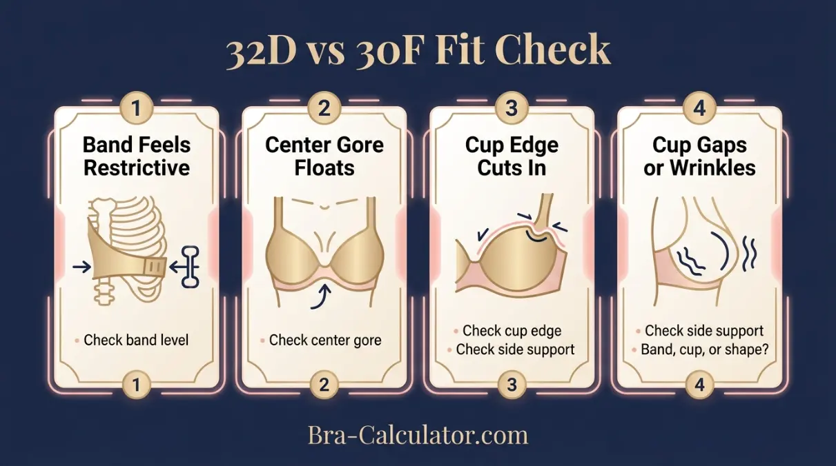 32D vs 30F fit problem diagram showing gaping spillage floating gore band riding up and side tissue issues