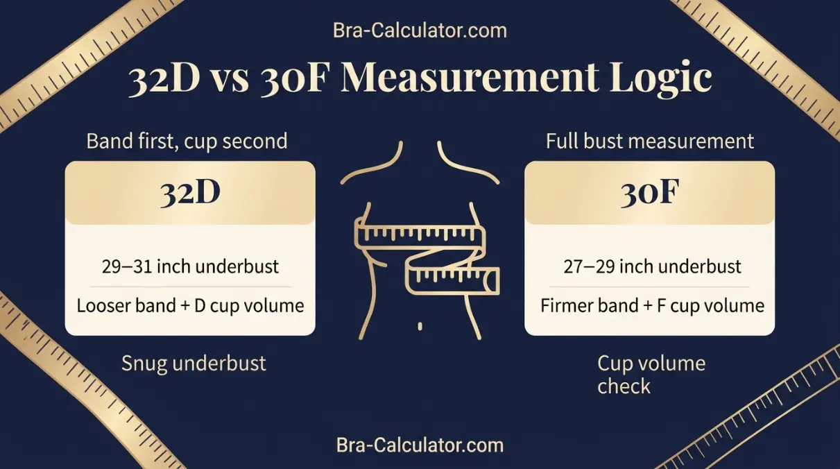 32D vs 30F measurement logic diagram showing band starting point and cup-volume comparison