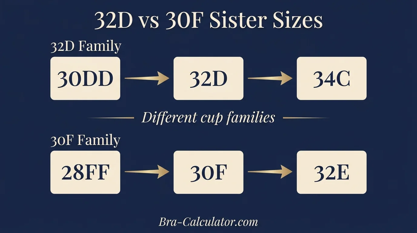 32D vs 30F sister size guide showing tighter-band and looser-band alternatives