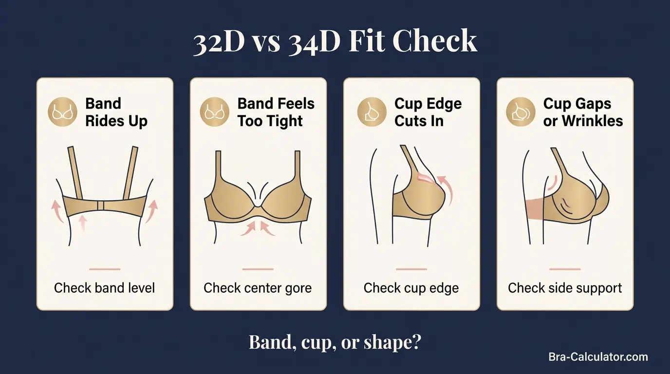 32D vs 34D fit problem diagram showing gaping spillage floating gore band riding up and side tissue issues