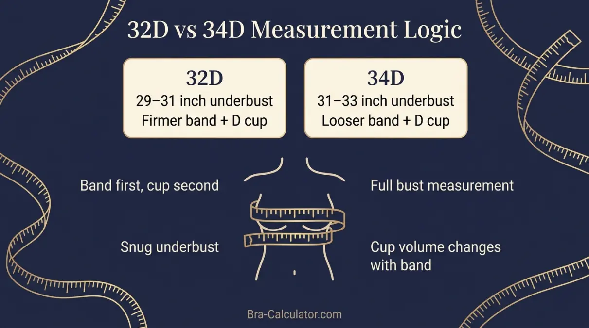 32D vs 34D measurement logic diagram showing band starting point and cup-volume comparison
