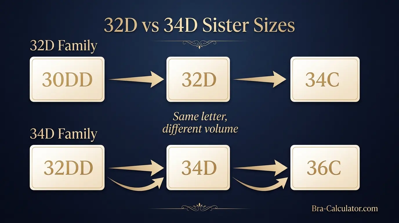 32D vs 34D sister size guide showing tighter-band and looser-band alternatives