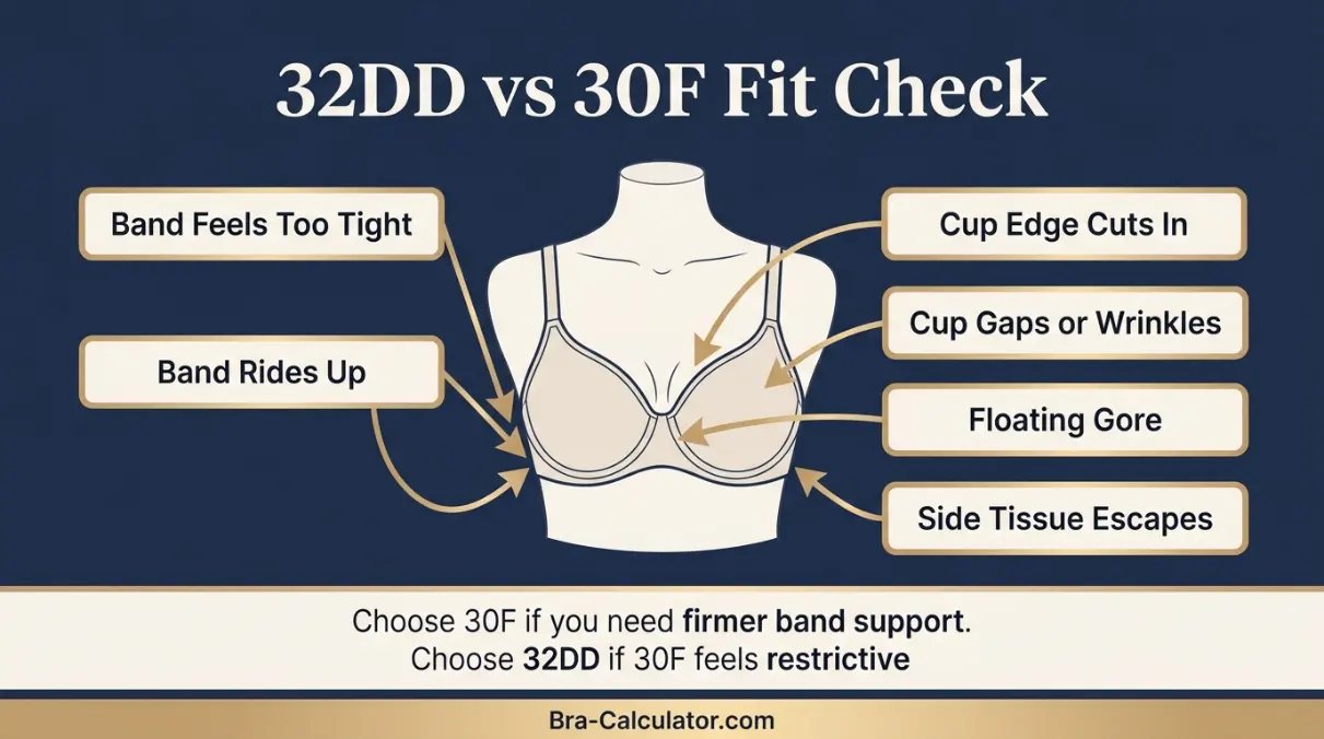 32DD vs 30F fit problem diagram showing gaping spillage floating gore band riding up and side tissue issues