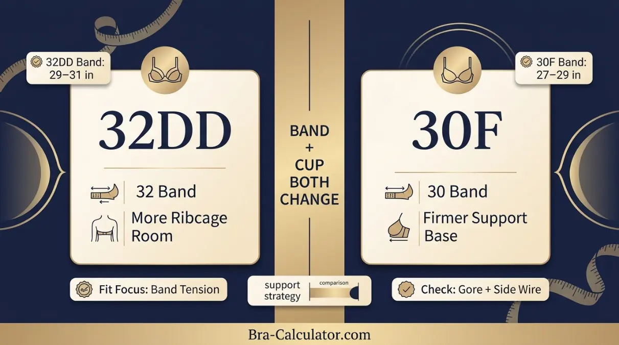 32DD vs 30F comparison hero graphic with premium navy and gold styling