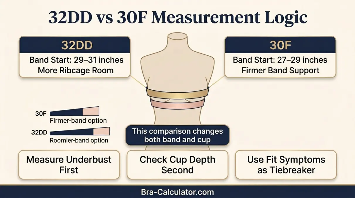 32DD vs 30F measurement logic diagram showing band starting point and cup-volume comparison