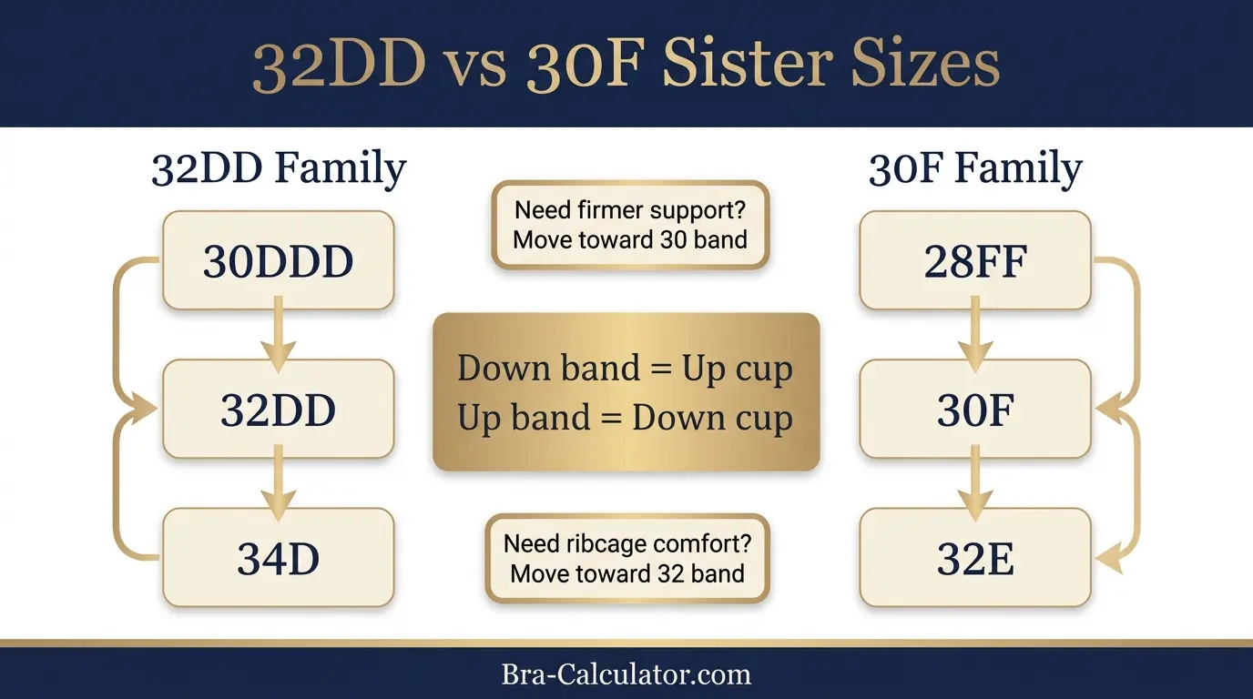 32DD vs 30F sister size guide showing tighter-band and looser-band alternatives