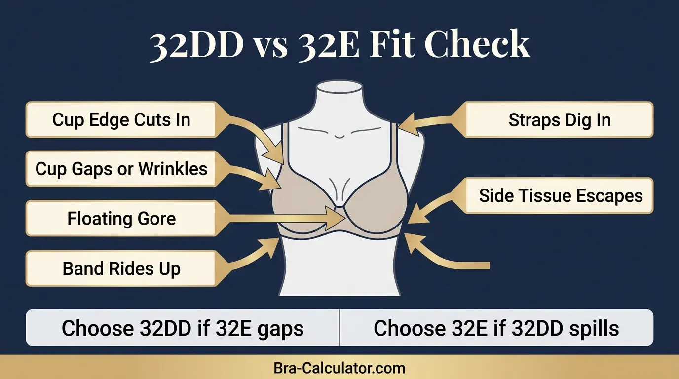 32DD vs 32E fit problem diagram showing gaping spillage floating gore band riding up and side tissue issues