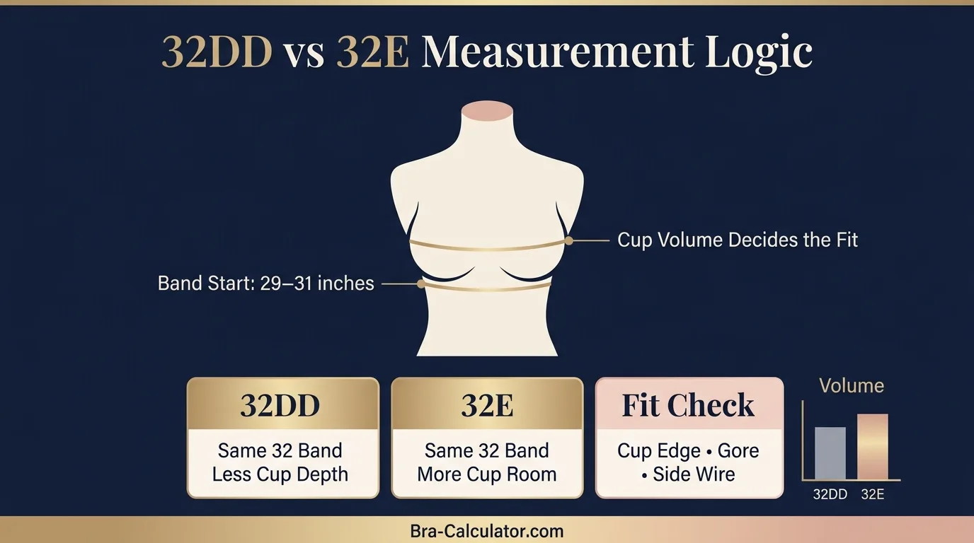 32DD vs 32E measurement logic diagram showing band starting point and cup-volume comparison