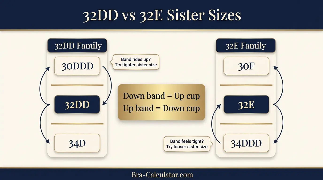 32DD vs 32E sister size guide showing tighter-band and looser-band alternatives
