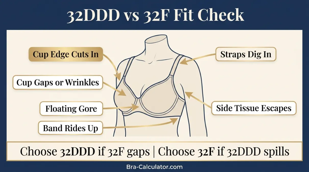 32DDD vs 32F fit problem diagram showing gaping spillage floating gore band riding up and side tissue issues