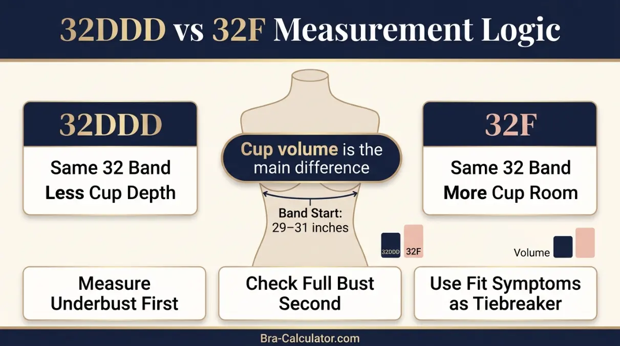 32DDD vs 32F measurement logic diagram showing band starting point and cup-volume comparison