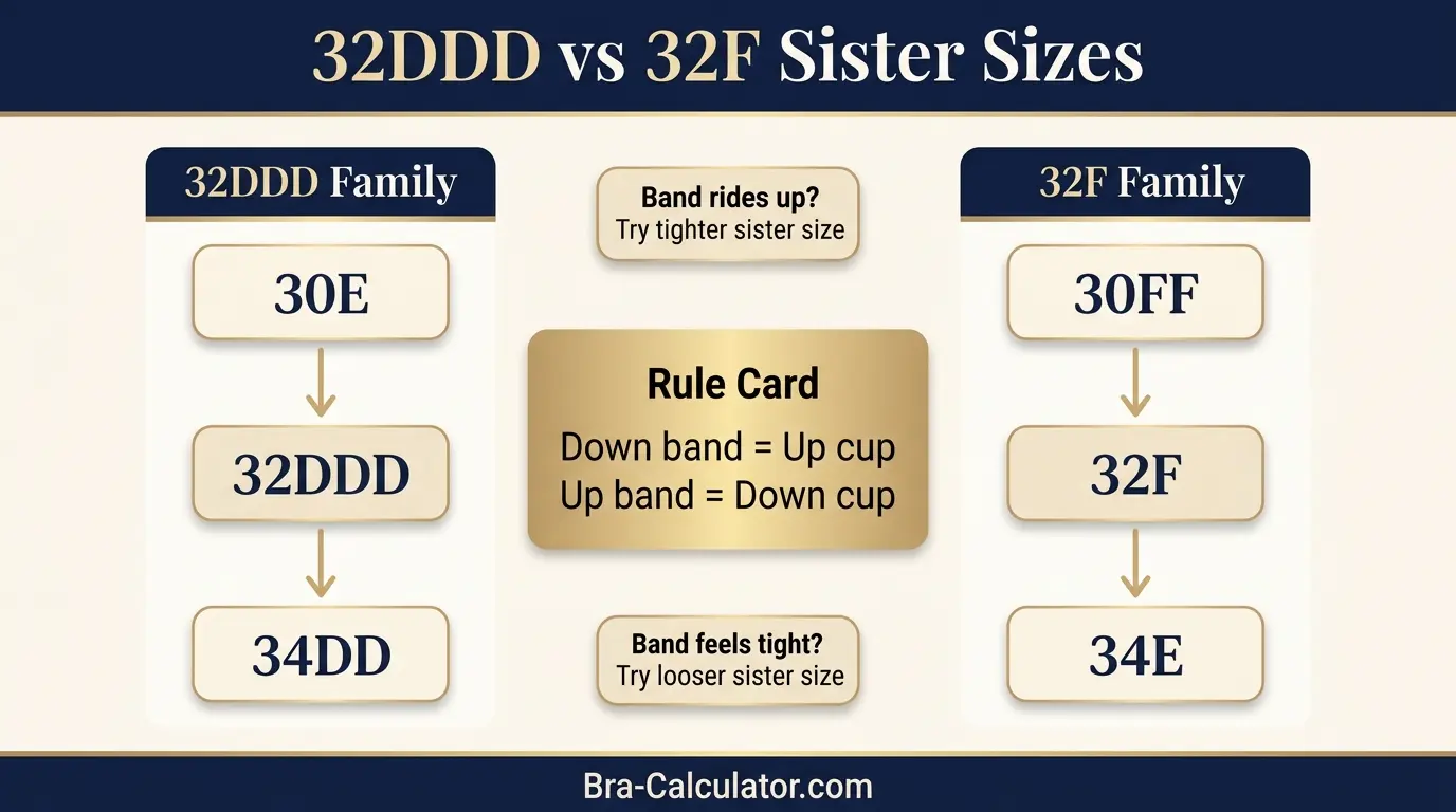 32DDD vs 32F sister size guide showing tighter-band and looser-band alternatives