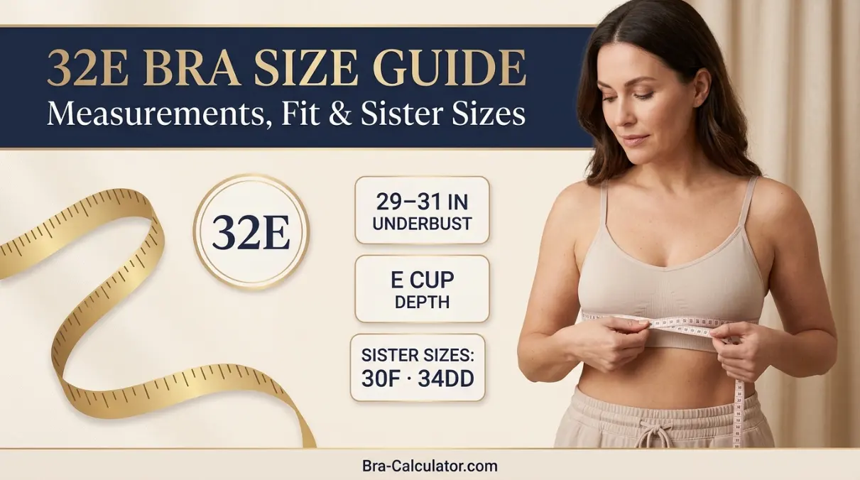 32E bra size guide visual with measurement tape and navy gold branding