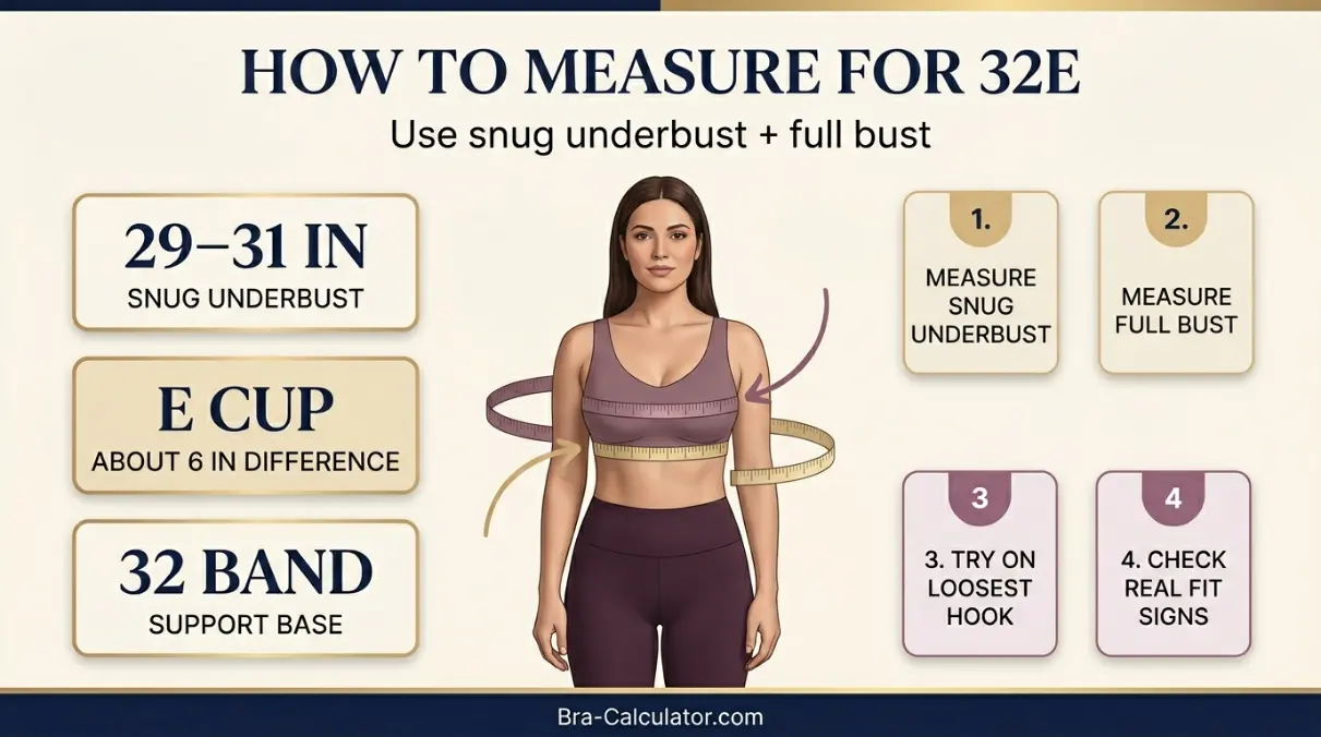 32E bra measurement diagram showing 29–31 inch snug underbust and cup depth
