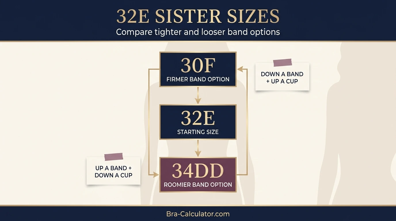 32E sister size ladder showing 30 band and 34 band equivalents