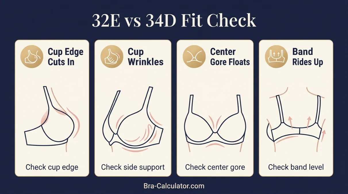 32E vs 34D fit problem diagram showing gaping spillage floating gore band riding up and side tissue issues
