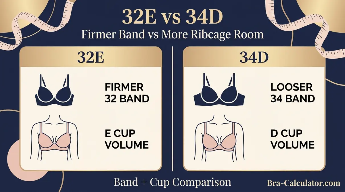 32E vs 34D comparison hero graphic with premium navy and gold styling