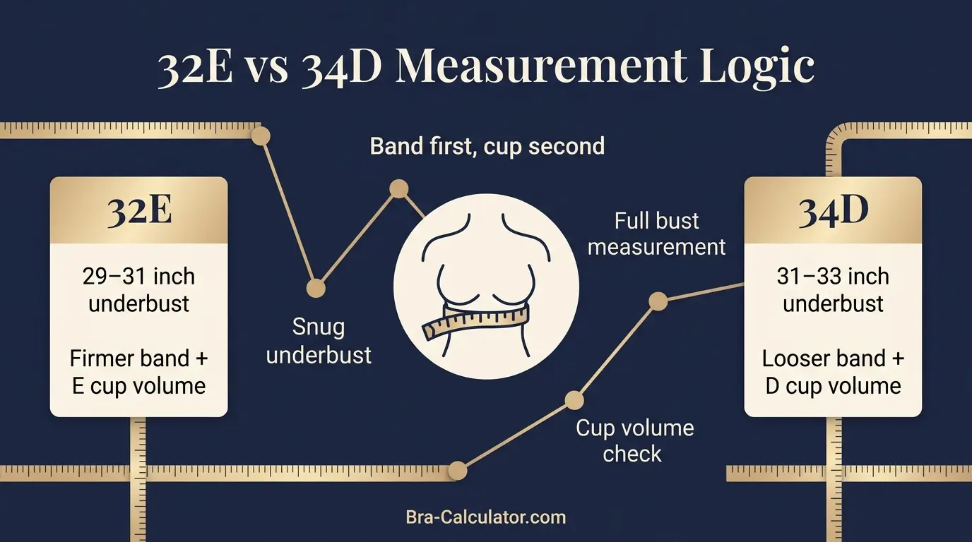 32E vs 34D measurement logic diagram showing band starting point and cup-volume comparison