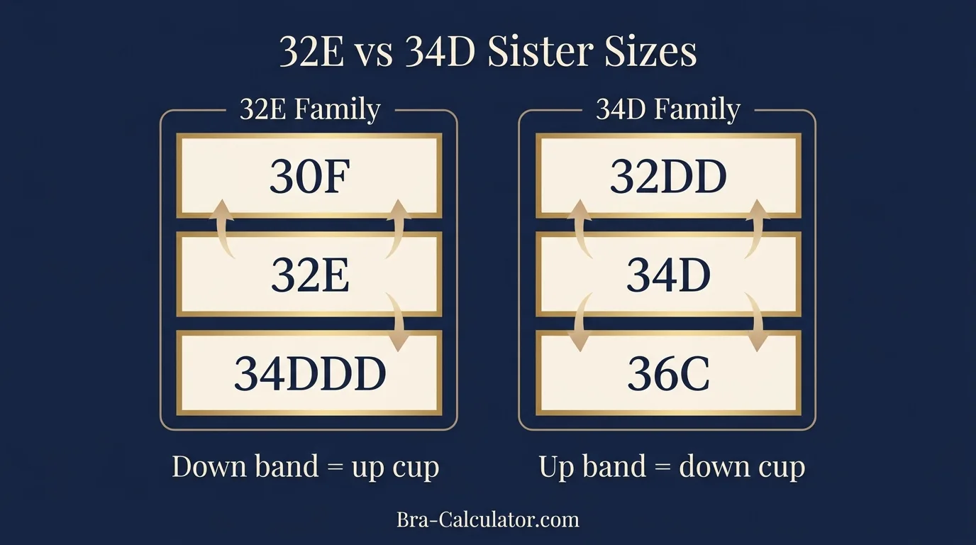 32E vs 34D sister size guide showing tighter-band and looser-band alternatives