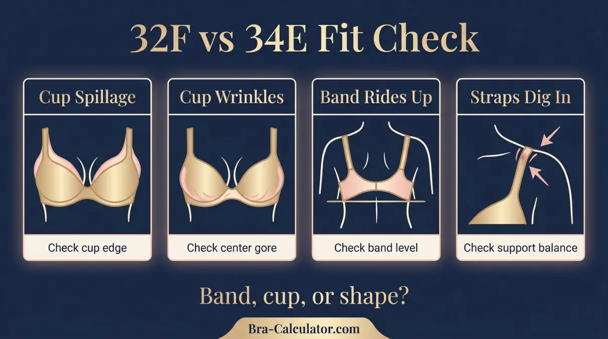 32F vs 34E fit problem diagram showing gaping spillage floating gore band riding up and side tissue issues