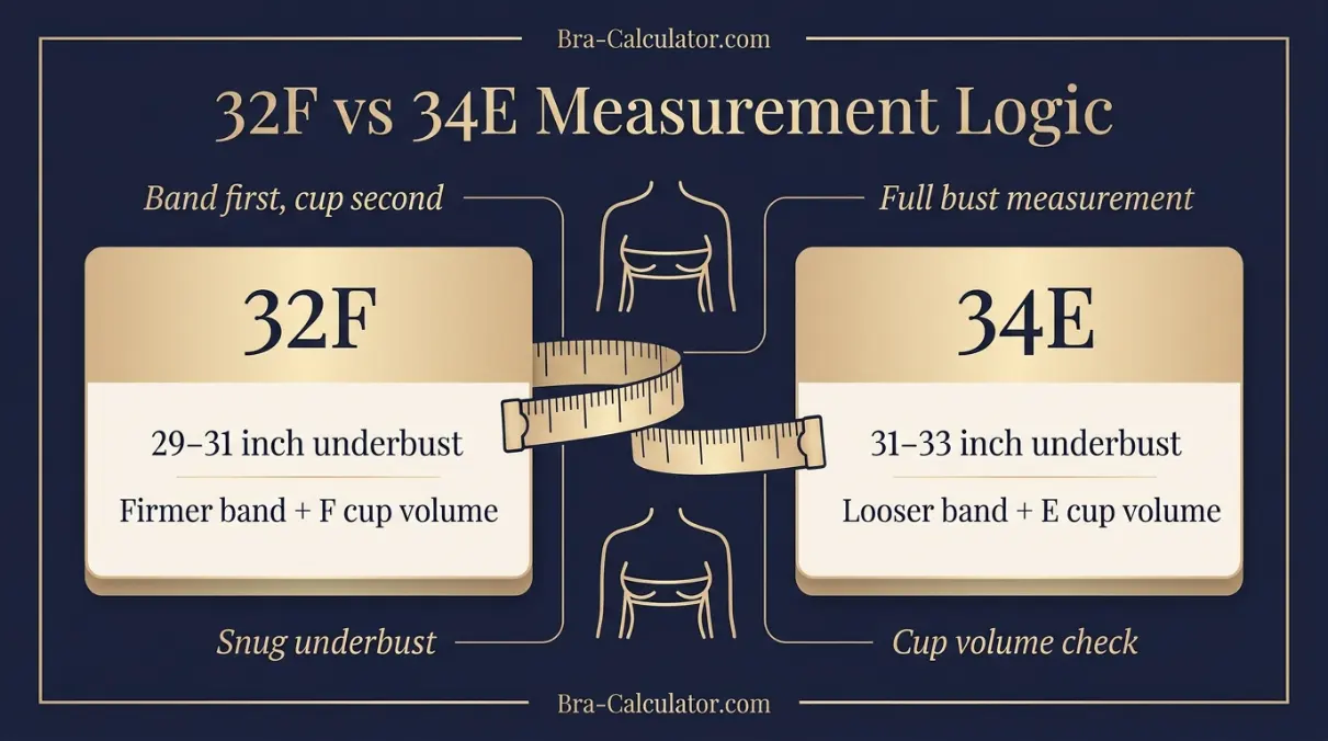 32F vs 34E measurement logic diagram showing band starting point and cup-volume comparison