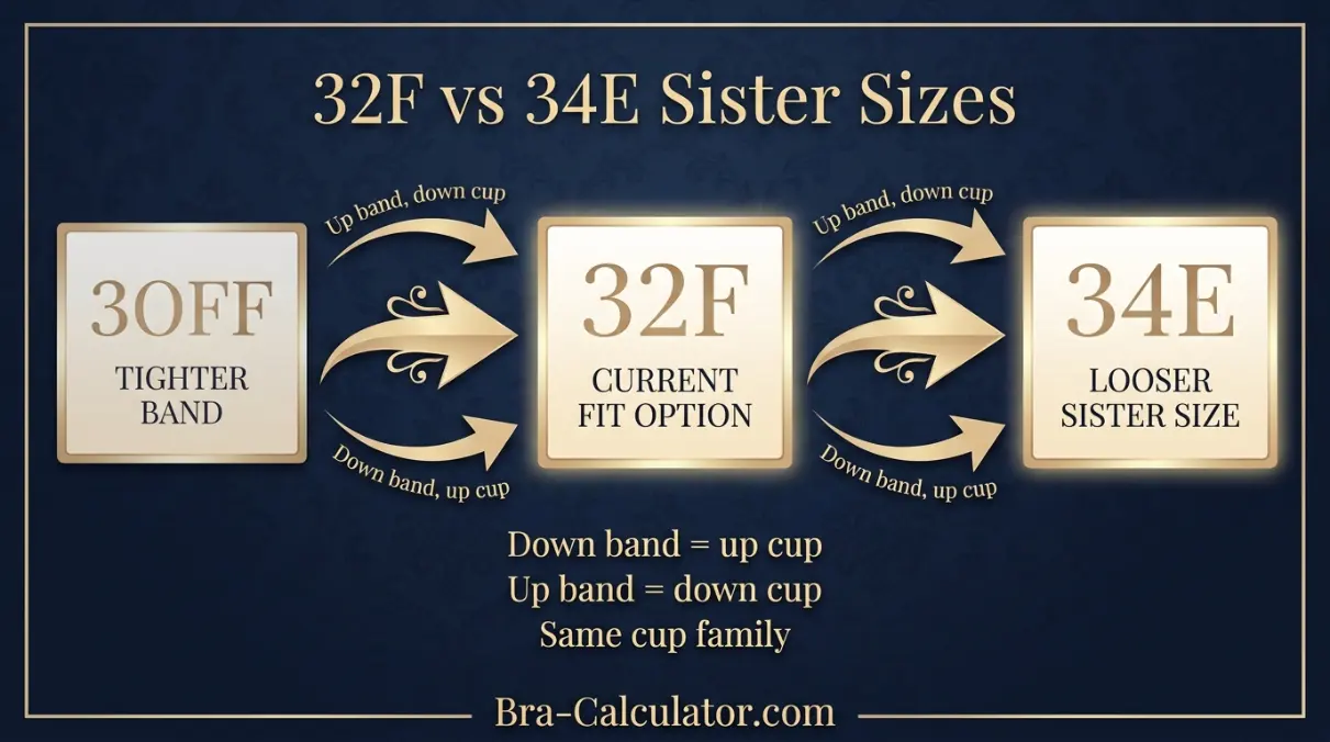 32F vs 34E sister size guide showing tighter-band and looser-band alternatives