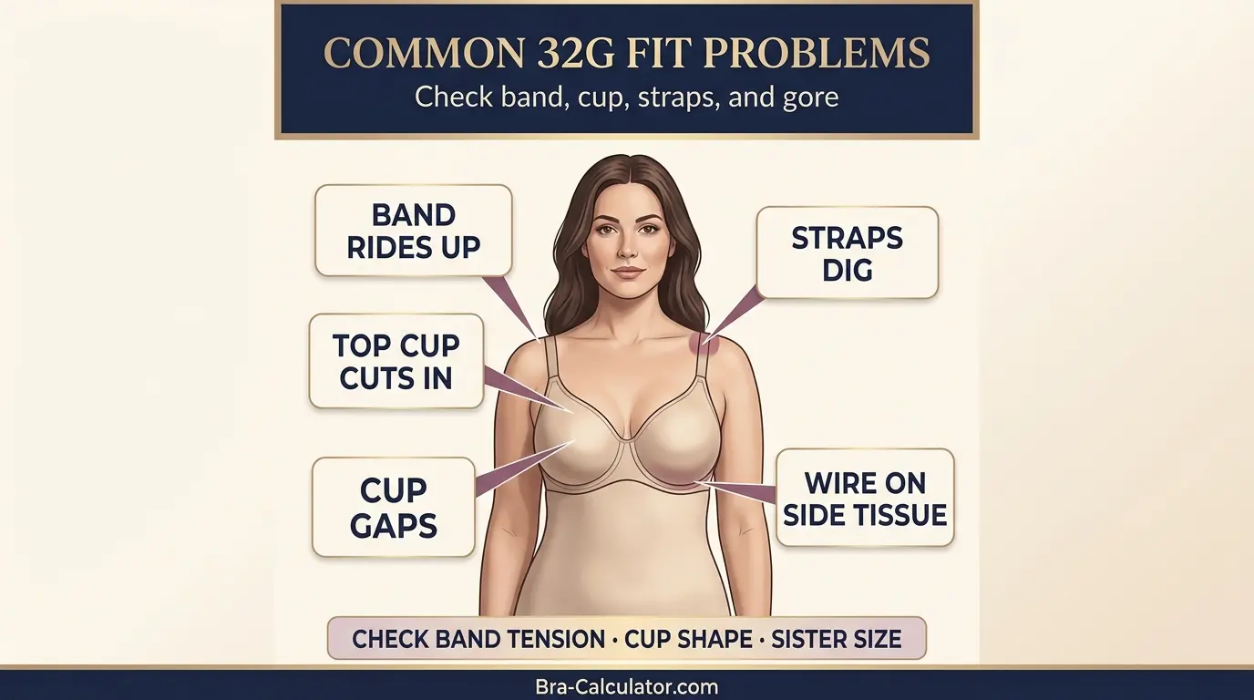 32G bra fit problem diagram showing band, cup, strap, and gore checks